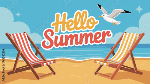 A vibrant illustration depicts a beach scene with two striped deck chairs a blue ocean and the greeting hello summer high quality professional detailed modern elegant