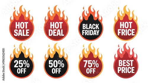 A collection of vibrant circular sale badges with flames advertising hot deals black friday and percentage discounts high quality professional detailed modern elegant stylish clean crisp