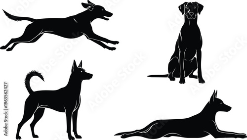 Collection of four dog silhouettes in different poses including running sitting standing and lying down isolated on white.
