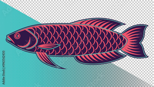 Stylized illustration of a pink and purple arowana fish, digital art, isolated on abstract background, fighting fish, labyrinth fish