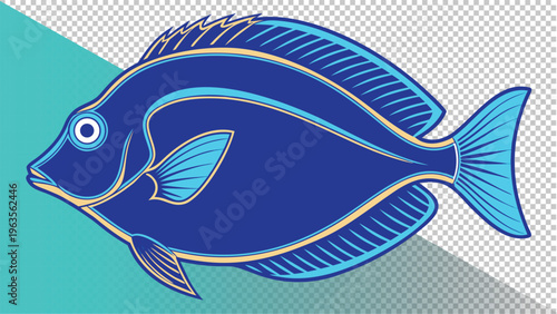Stylized illustration of a bright blue tang fish, digital art, isolated on abstract background, regal tang, manta ray