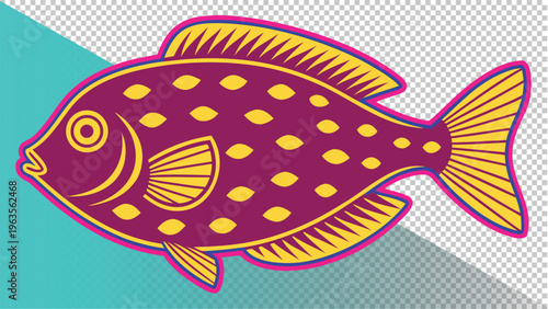 Stylized illustration of a purple and yellow spotted fish, digital art, isolated on abstract background, hand drawn, line art, flat design