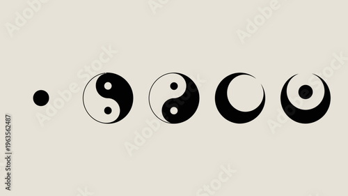 A series of black and white yin and yang symbols are progressively deconstructed transitioning from full circles to crescent shapes high quality professional detailed modern elegant