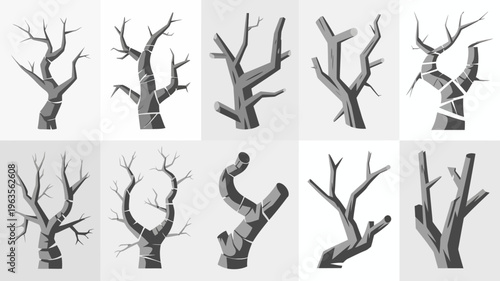 A collection of nine grayscale illustrations depicts stylized bare trees with angular branches and textured trunks high quality professional detailed modern elegant stylish clean crisp vibrant