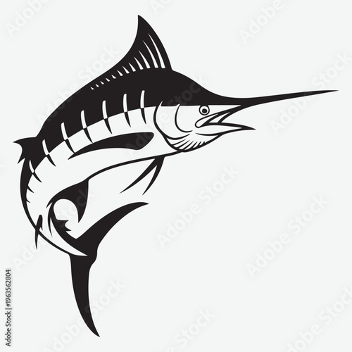 Black and white illustration of a marlin fish leaping with open mouth and sharp bill jumping ocean