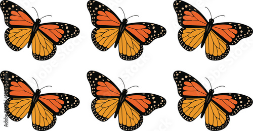 Seamless pattern of monarch butterflies arranged in symmetrical rows decorative minimal outline vector illustration for textile and wallpaper design