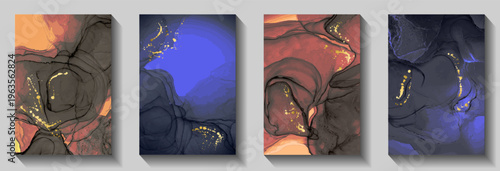 VIP wedding invitation card patters vector set. Fluid acrylic paint texture, gold spatter. Lush corporate business card backdrops, banners collection. Flow texture cover pages.