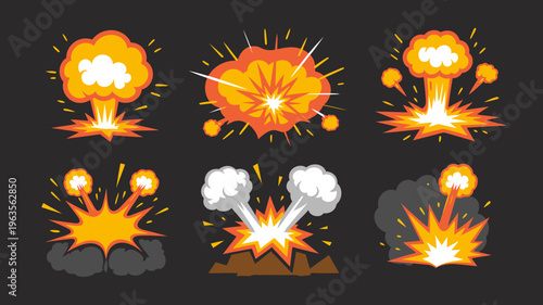A collection of cartoon style explosion effects showcasing various shapes and sizes of blasts with bright orange and yellow hues high quality professional detailed modern elegant