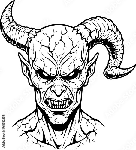 Creepy Demonic Skull Line Art on Black Background