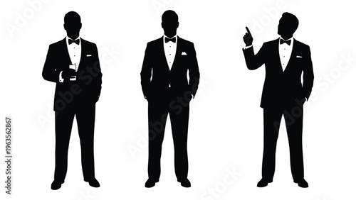 Three silhouettes of men in tuxedos