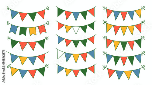 A colorful arrangement of pennant banners is displayed featuring triangles in red blue green and yellow hues high quality professional detailed modern elegant stylish clean crisp