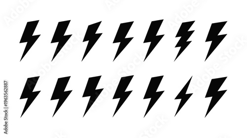 A collection of black lightning bolt icons arranged in a grid pattern against a stark white background showcasing electrical energy high quality professional detailed modern elegant