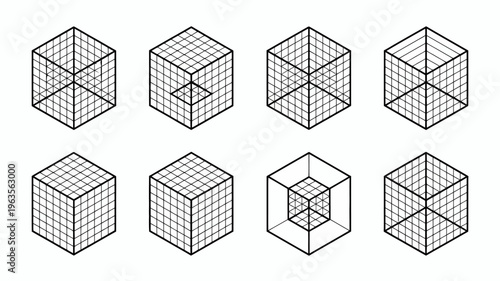 An optical illusion depicting eight cubes in varying rotations creating a visually complex and geometric arrangement with intersecting lines high quality professional detailed modern elegant stylish