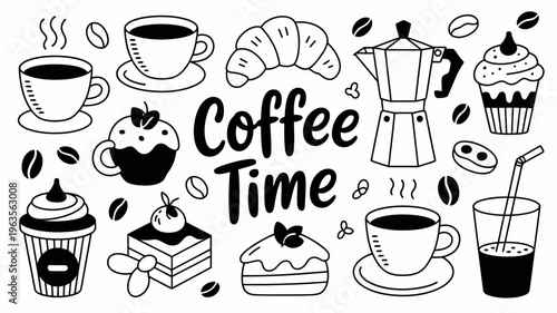 A charming black and white illustration depicts a variety of coffee beverages pastries and related items arranged around the text coffee time high quality professional detailed