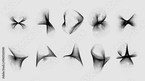 An arrangement of eight abstract grayscale forms resembling blossoming flowers or swirling energy patterns against a light background high quality professional detailed modern elegant stylish clean