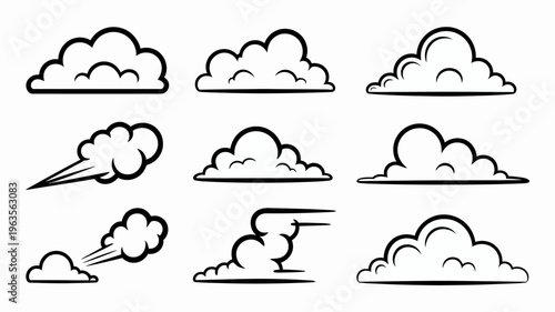 A collection of nine black and white cartoon clouds in various shapes and sizes representing weather and atmospheric conditions high quality professional detailed modern elegant stylish