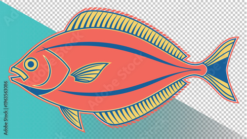 Coral orange fish graphic with blue stripes and yellow fins on with graphic design with hand drawn with line art with transparent background with isolated on white with no background
