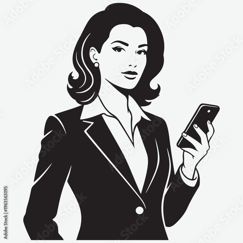 Black and white illustration of a woman in a suit holding a smartphone business technology
