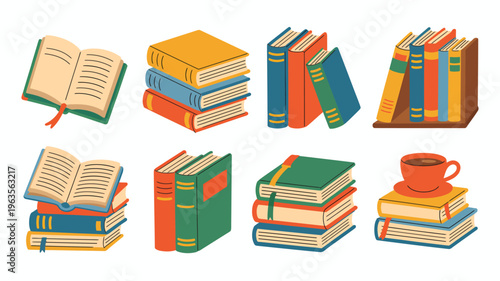A colorful illustration depicts stacks of open and closed books alongside a steaming cup of coffee creating a cozy reading atmosphere high quality professional detailed modern