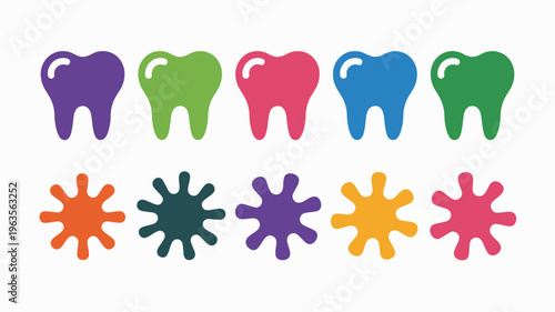 A colorful illustration displays six stylized teeth and four blob like shapes arranged in two rows promoting dental health high quality professional detailed modern elegant stylish