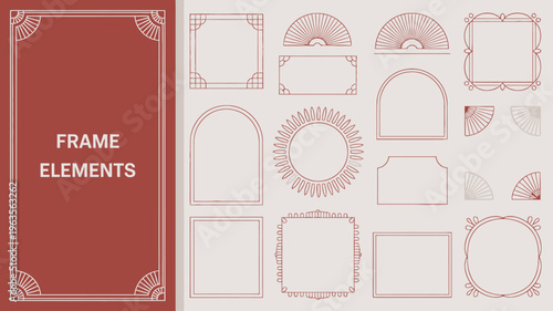 An assortment of decorative frames and elements in muted tones are displayed showcasing various geometric and ornate designs high quality professional detailed modern elegant stylish clean
