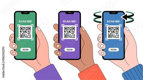 Three hands each hold a smartphone displaying a qr code and a scan me message showcasing different skin tones and backgrounds high quality professional detailed modern