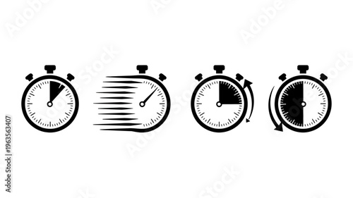 A sequence of four stopwatch icons illustrate the progression of time showing increasing speed and elapsed duration high quality professional detailed modern elegant stylish clean crisp