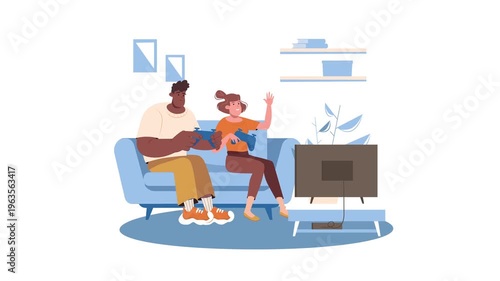Young couple playing video games on sofa in cozy living room flat animation