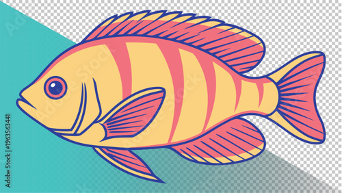 Yellow and pink striped fish illustration, stylized graphic on a clean background, vector art for aquatic life and ocean themes