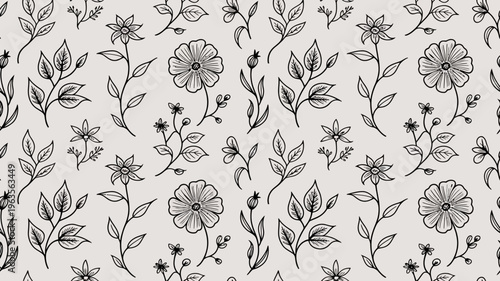 A seamless pattern displays delicate floral sketches with varying flower types and leafy stems on a light beige background high quality professional detailed modern elegant stylish
