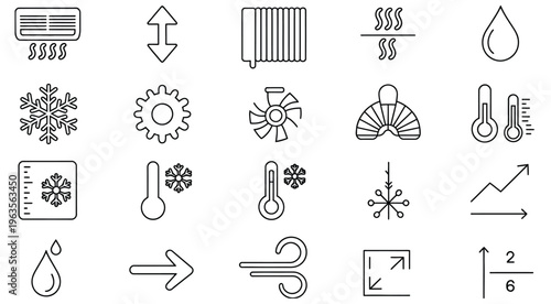 Icons illustrating air conditioning, temperature, and weather elements like snowflakes and wind.