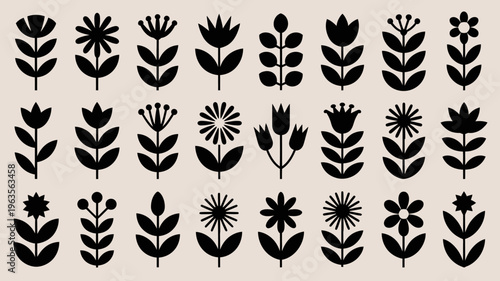 A collection of stylized black floral silhouettes arranged in a grid pattern against a neutral beige background high quality professional detailed modern elegant stylish clean crisp