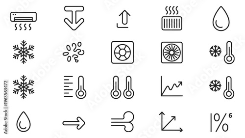 Set of icons for air conditioning, temperature, humidity, and weather phenomena.
