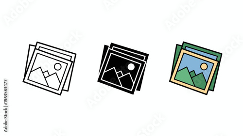 A set of three icon variations depicting stacked images with a mountainous landscape and sun shown in different styles high quality professional detailed modern elegant stylish