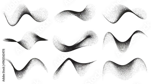 An arrangement of nine wave like shapes composed of varying densities of dots against a clean white background high quality professional detailed modern elegant stylish crisp