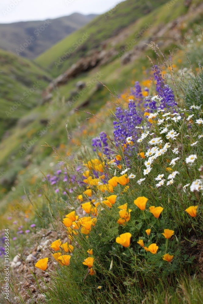 Obraz premium Vibrant wildflowers bloom in scenic mountain landscape