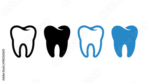 A series of four tooth icons are displayed varying in color from black to blue presented in a row high quality professional detailed modern elegant stylish