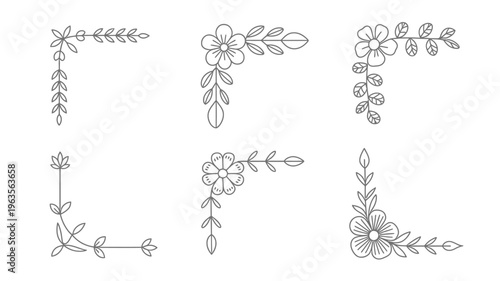 A collection of delicate hand drawn floral corner designs featuring simple blossoms and leafy branches in black and white high quality professional detailed modern elegant stylish