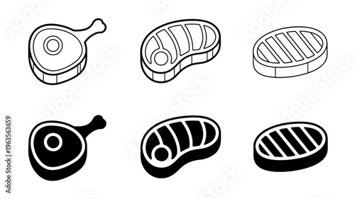 A collection of six black and white illustrations depicts various cuts of grilled or fried meat including steak and chops high quality professional detailed modern elegant