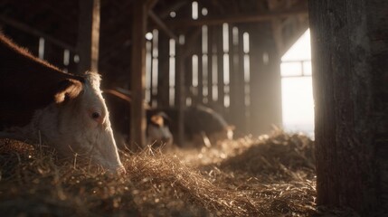 Cow in a barn, eating hay. the cow is brown and white in color and is lying down on the hay, with its head resting on the ground.