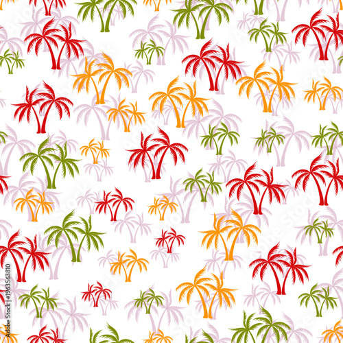 Palm tropical seamless pattern. Fabric print with trees. Paradise vector back...