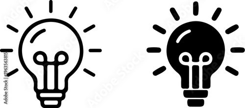 black and white light bulb icons with rays