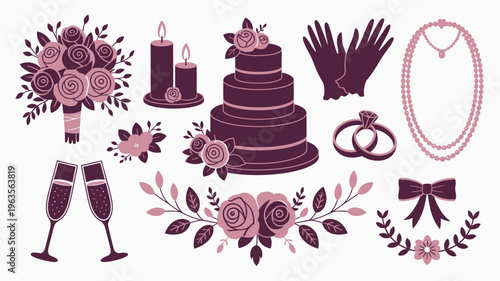 A collection of wedding themed illustrations in shades of purple depicts bouquets cake jewelry and celebratory elements high quality professional detailed modern elegant stylish clean crisp