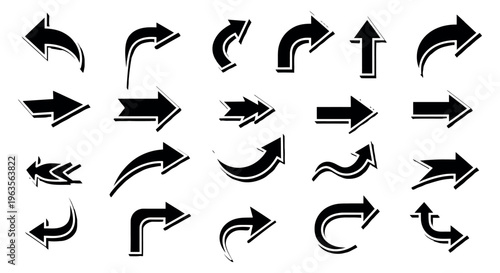 Collection of 20 unique black arrow icons on a white background