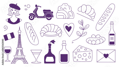 A charming collection of illustrations depicts iconic french symbols including pastries landmarks and cultural elements in a minimalist style high quality professional detailed modern elegant stylish
