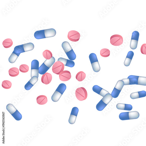 Painkiller pills medical vector illustration. Capsule drugs and tablets disease prescription elements. Blue white and pink pills, first aid treatment or vitamins. Chemical tablets concept.