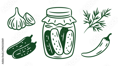 A hand drawn illustration showcases pickled cucumbers in a jar alongside fresh garlic dill sprigs and a single chili pepper high quality professional detailed modern elegant