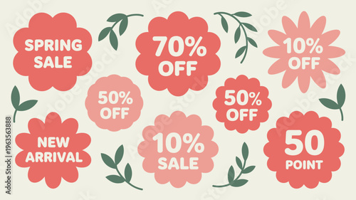 An advertisement displays various spring sale promotions with percentage discounts and a new arrival announcement using floral shapes high quality professional detailed modern elegant stylish clean