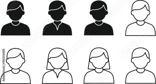 Eight simple human silhouette icons in black and white