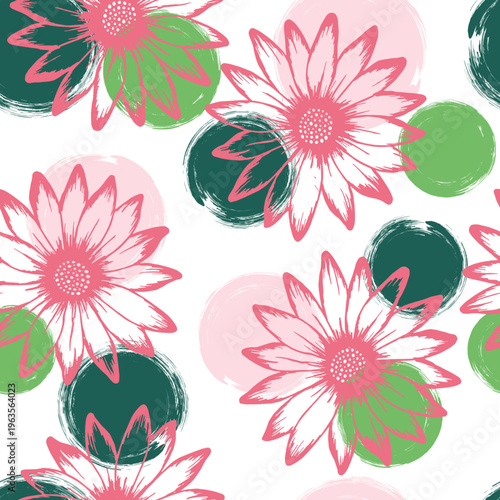 Dimorphotheca beautiful summer seamless rapport. Osteospermum blossom over circles background. Doodle garden flowers scrapbooking swatch. Girlie natural rapport.